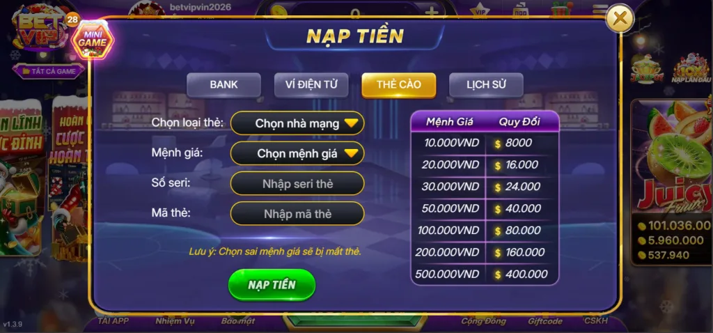 Nạp TIền Betvip Qua Thẻ Cào